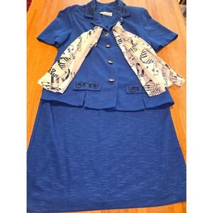 Vintage Pablo Collection Women 14 Royal Blue Music Jesus Scarf Skirt Suit Set